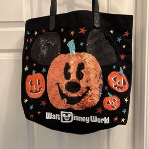 Walt Disney World Parks Halloween Mickey Sequin Pumpkin Canvas Tote Bag 15x17